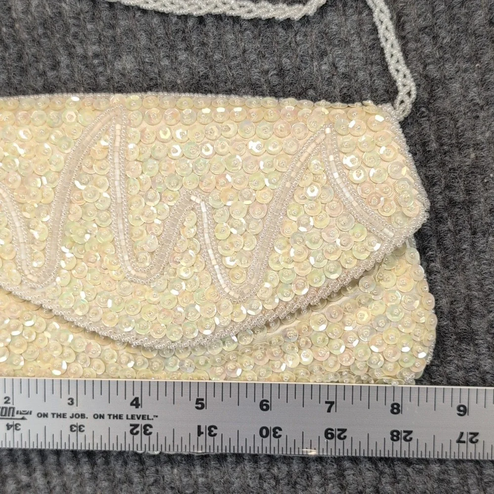 Vintage La Regale Ltd Ivory Beaded Sequin Clutch Shoulder Bag Snap Closure Lined